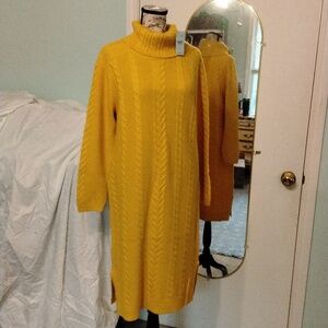 Women's Ann Taylor Chunky yellow long sleeve midi sweater turtle neck dress Sz M